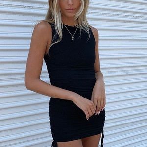 Black Ribbed Side Drawstring Dress